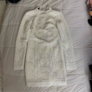 Bebe White Bedazzled Dress with Mock Neck